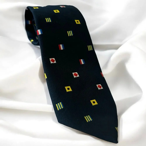 Men’s Vintage Mixed Signal Flag Print Tie, Nautical Sailor Tie in Navy Blue - Picture 1 of 4